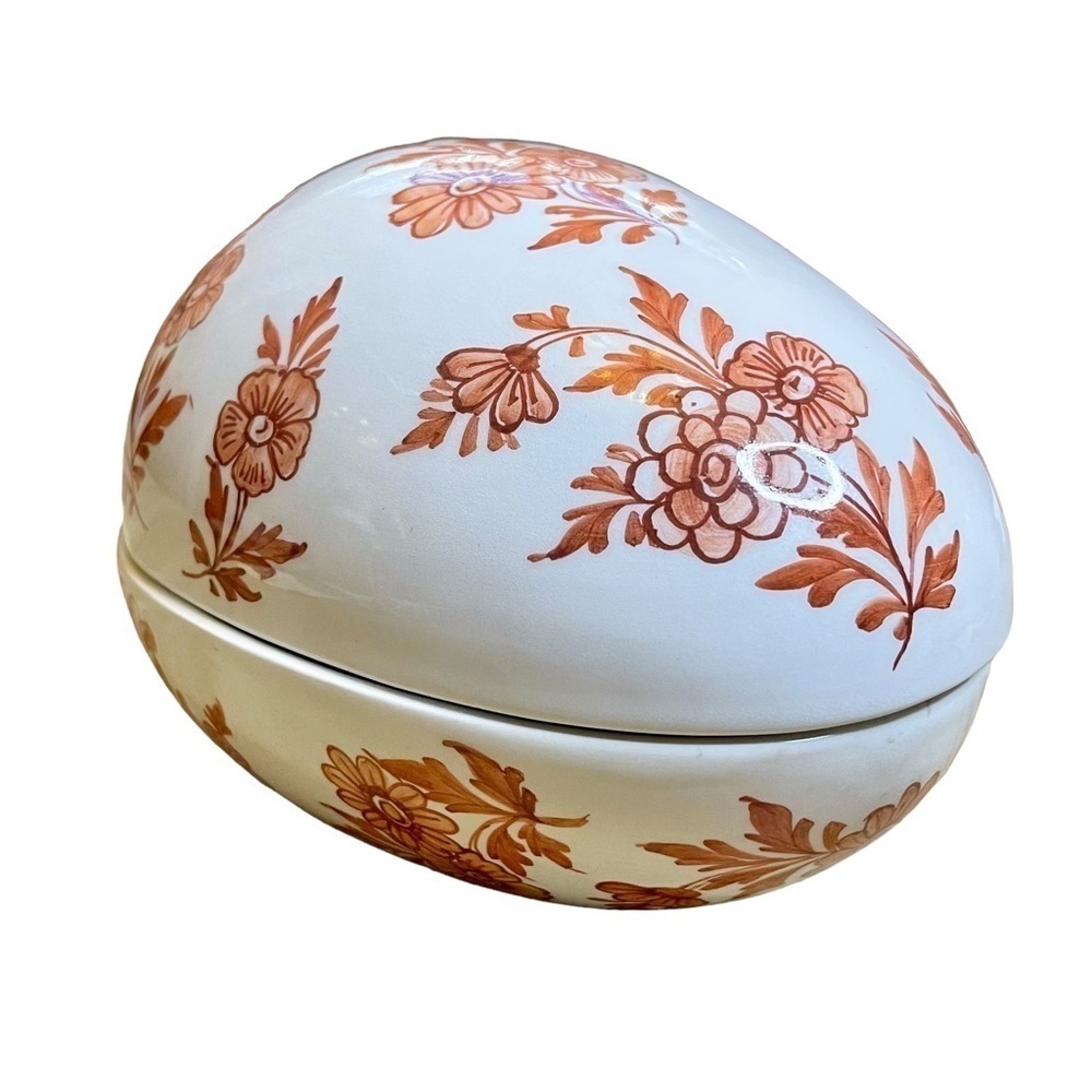 Made In ITALY PORCELAIN Rust-Colored Floral Pattern  EGG Jewelry BOX
